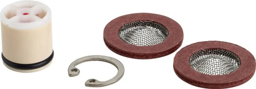 Rückschlagventilset von Ideal Standard bestehend aus einem Zylinder mit O-Ring, zwei Gitterdichtungen und einer Halteklammer.